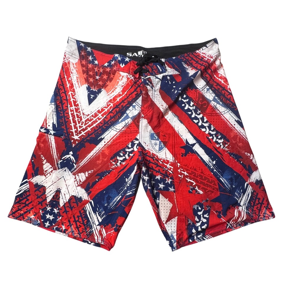 SA Co. Board Shorts Mens 38 Red White Blue Patriotic Americana Stars Stripes